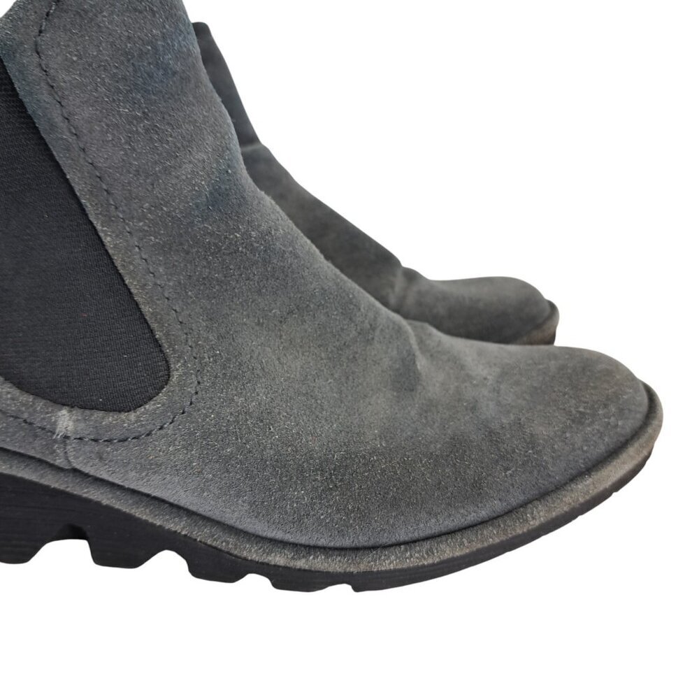 Fly London Phil Gray Suede Wedge Boots Size 38 US 7.5-8 Pull On Chelsea Chunky - Picture 13 of 13